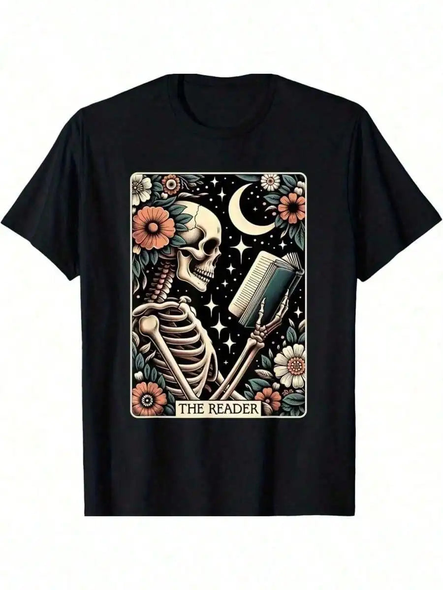 Skeleton Tarot Reader Shirt – Gothic Bookish Tarot Tee | Witchy Book Lover Graphic Shirt
