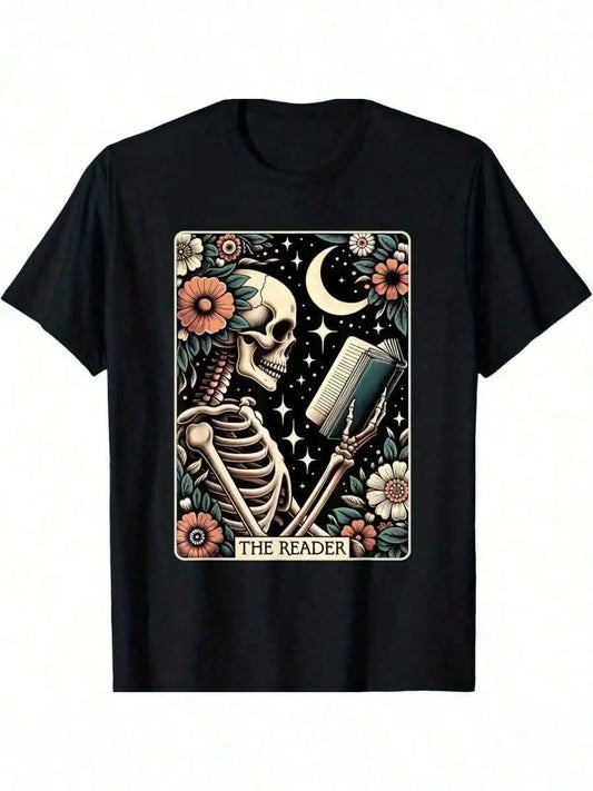 Skeleton Tarot Reader Shirt – Gothic Bookish Tarot Tee | Witchy Book Lover Graphic Shirt