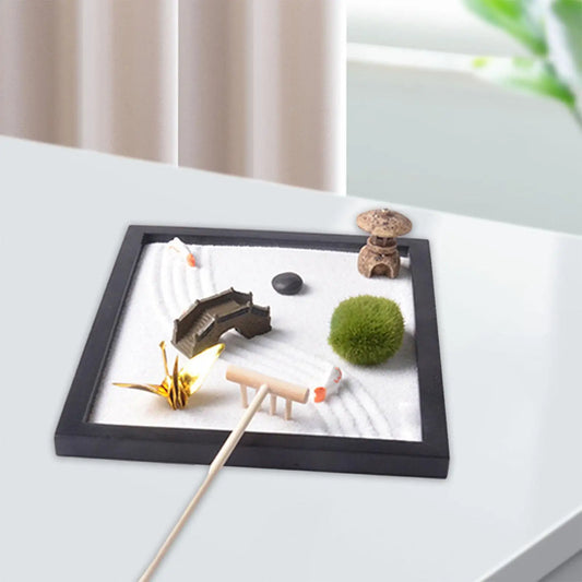 Mini Zen Garden Sand Tray – Japanese Style Desktop Zen Garden | Meditation Desk Decor with Sand & Tools