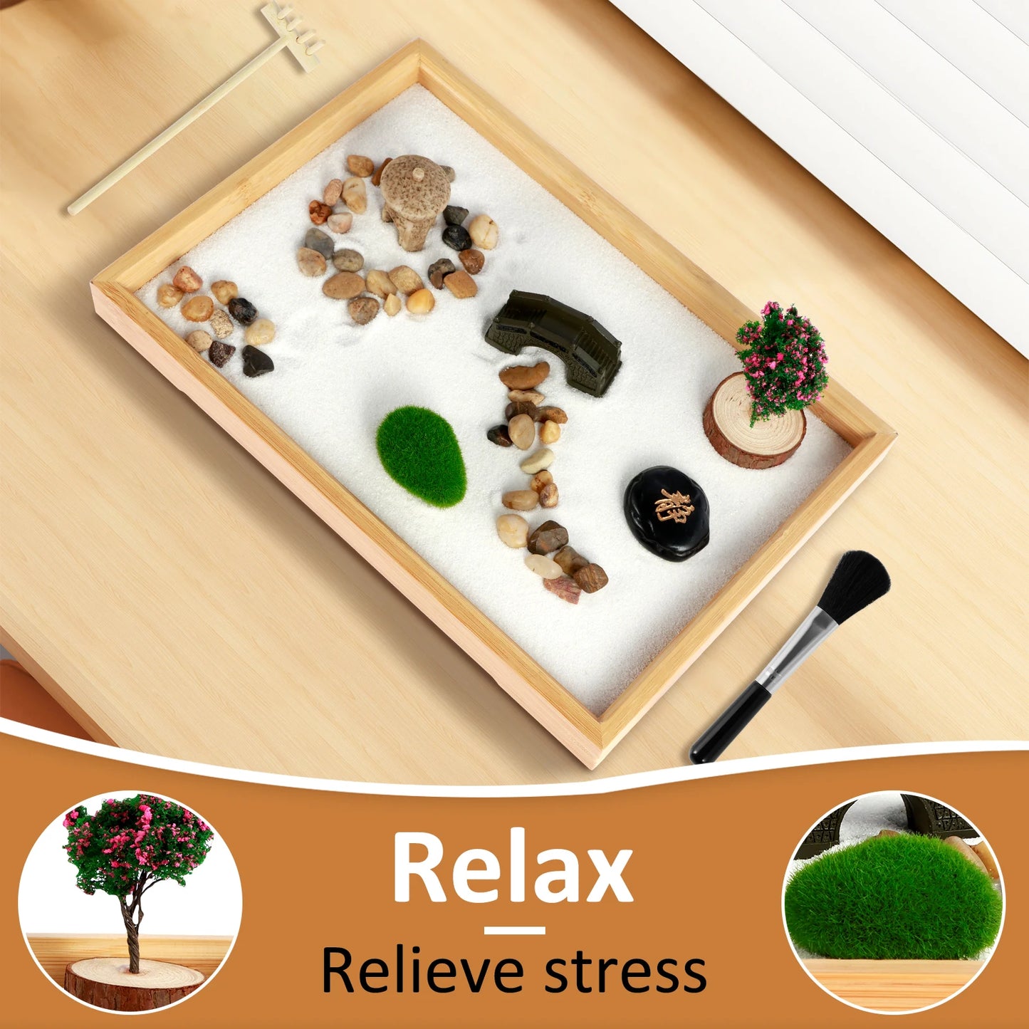 Mini Zen Garden Kit – Desktop Sand Garden with Rake, Bridge & Tree | DIY Meditation Desk Decor