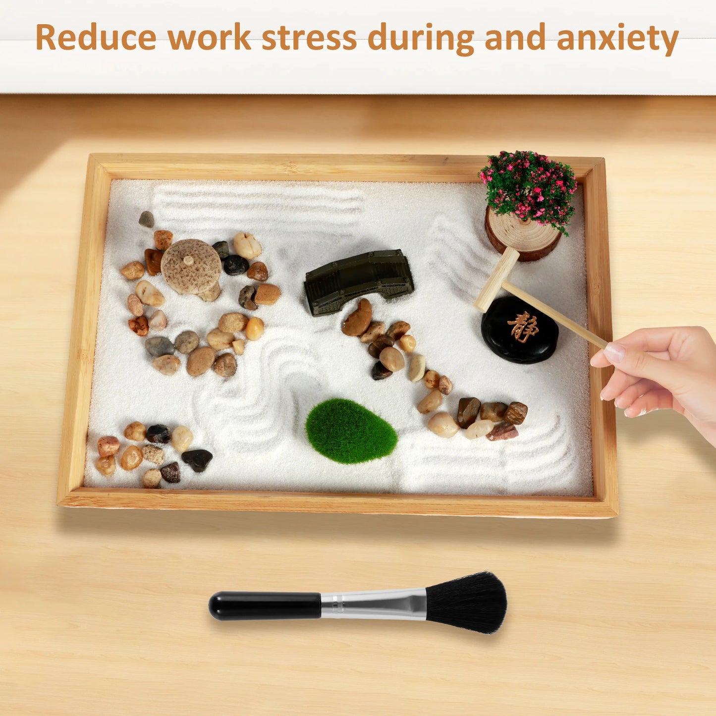 Mini Zen Garden Kit – Desktop Sand Garden with Rake, Bridge & Tree | DIY Meditation Desk Decor