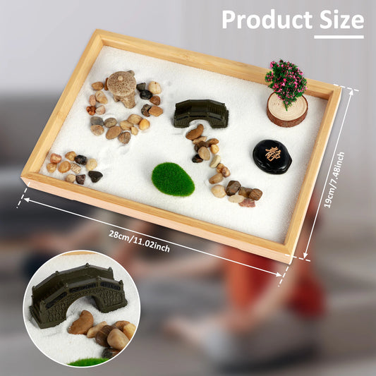 Mini Zen Garden Kit – Desktop Sand Garden with Rake, Bridge & Tree | DIY Meditation Desk Decor