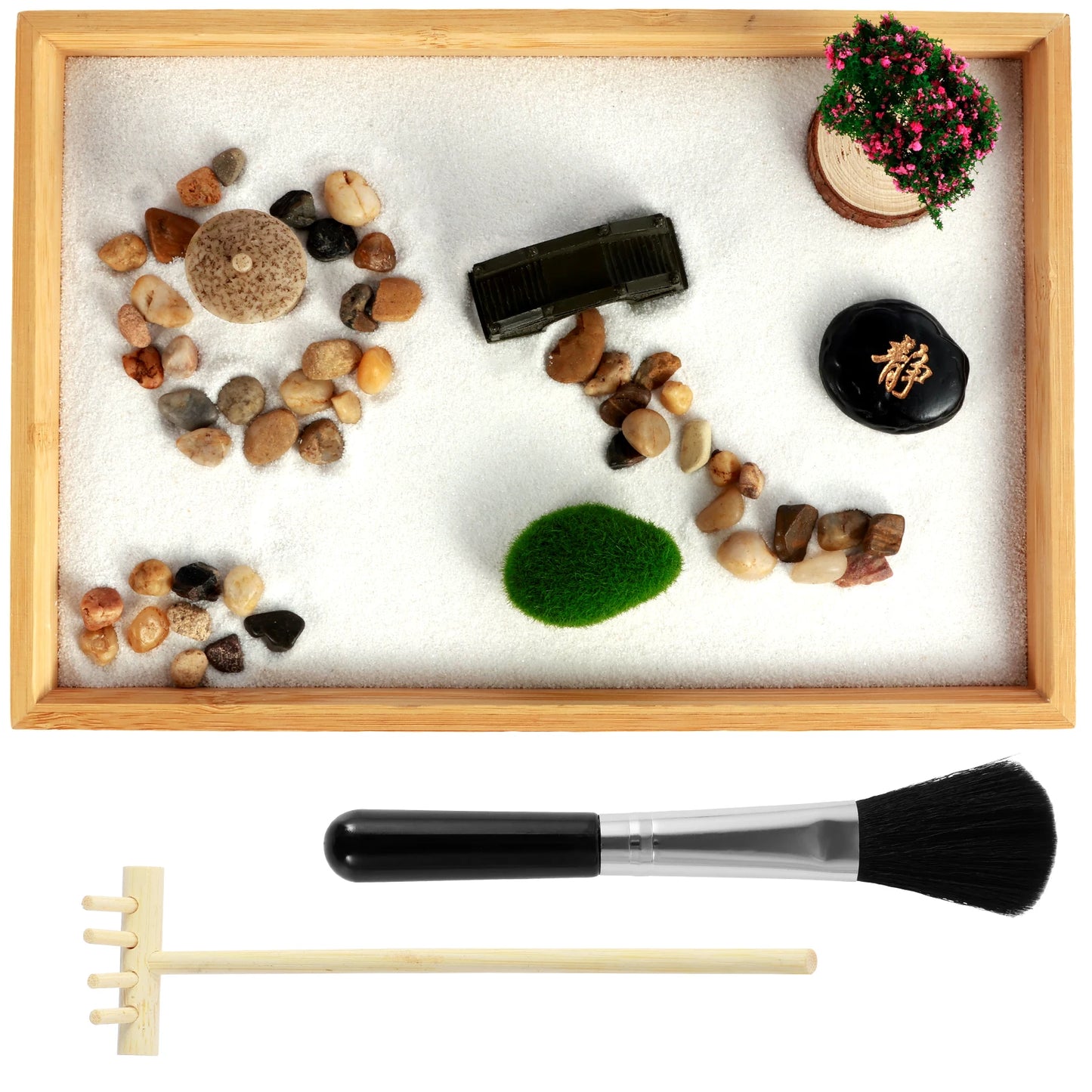 Mini Zen Garden Kit – Desktop Sand Garden with Rake, Bridge & Tree | DIY Meditation Desk Decor